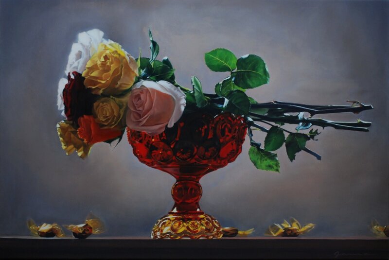 Roses in Red Vase