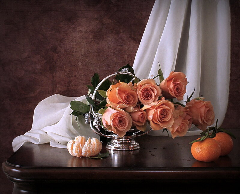 Roses in Silver Basket — Brown