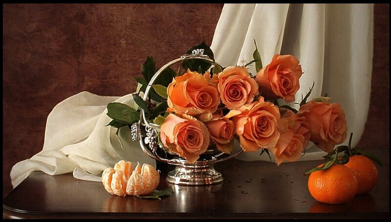 Roses in Silver Basket — Orange, Serene