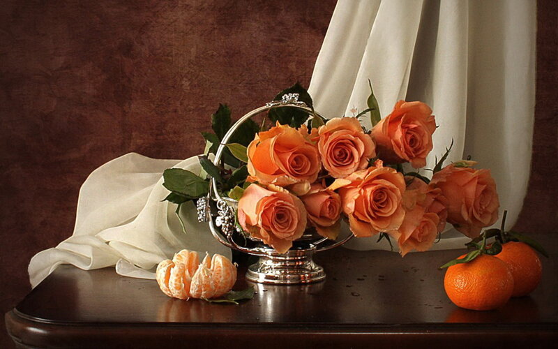 Roses in Silver Basket — Orange