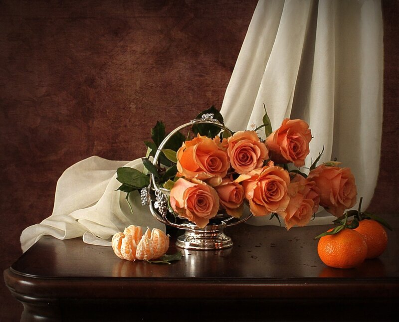 Roses in Silver Basket