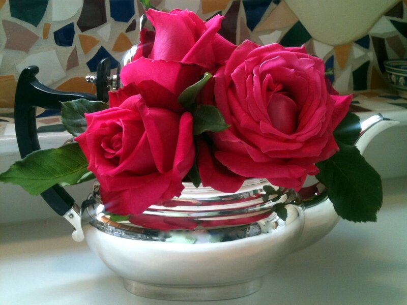 Roses in Silver Teapot