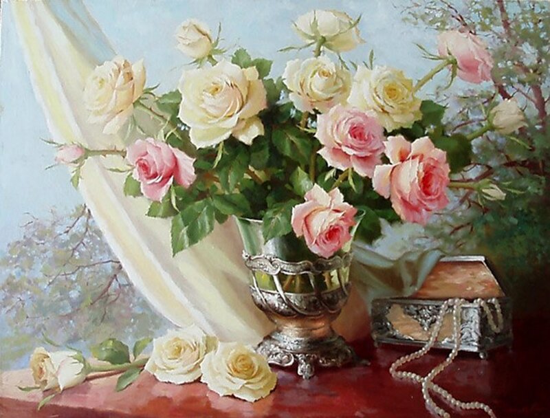Roses in Silver Vase — Pink