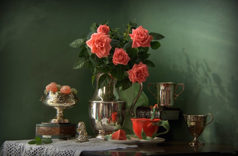 Roses in Silver Vase