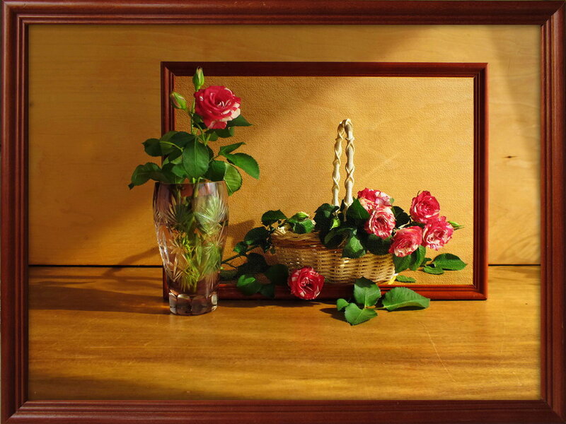Roses in Vase and Basket