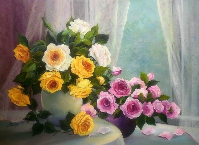 Roses in Vases — Pink, Serene, Afternoon, Painting