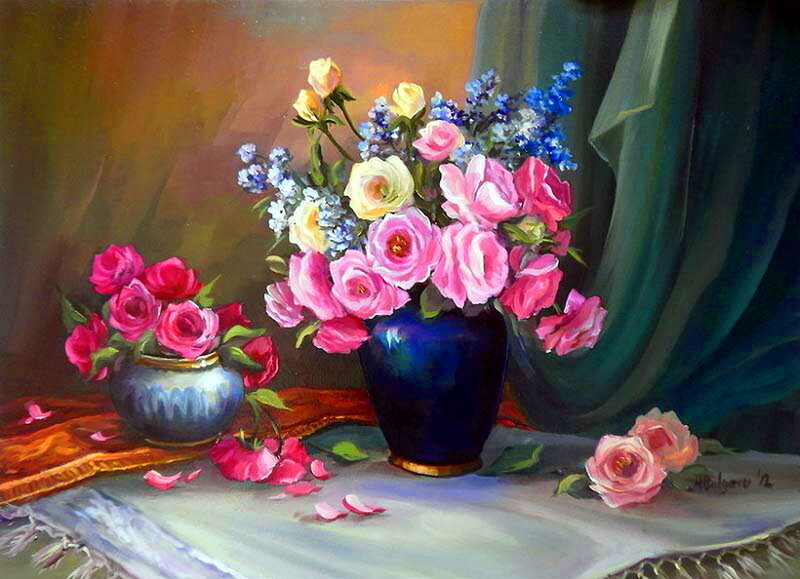 Roses in Vases — Pink, Serene, Painting, Tablecloth, Curtain
