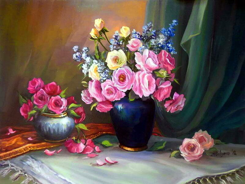 Roses in Vases — Pink, Serene, Painting