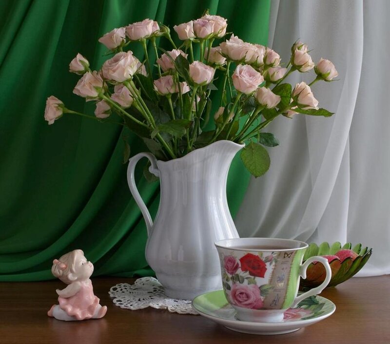 Roses in White Pitcher — Green