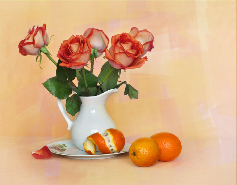 Roses in White Pitcher — Orange