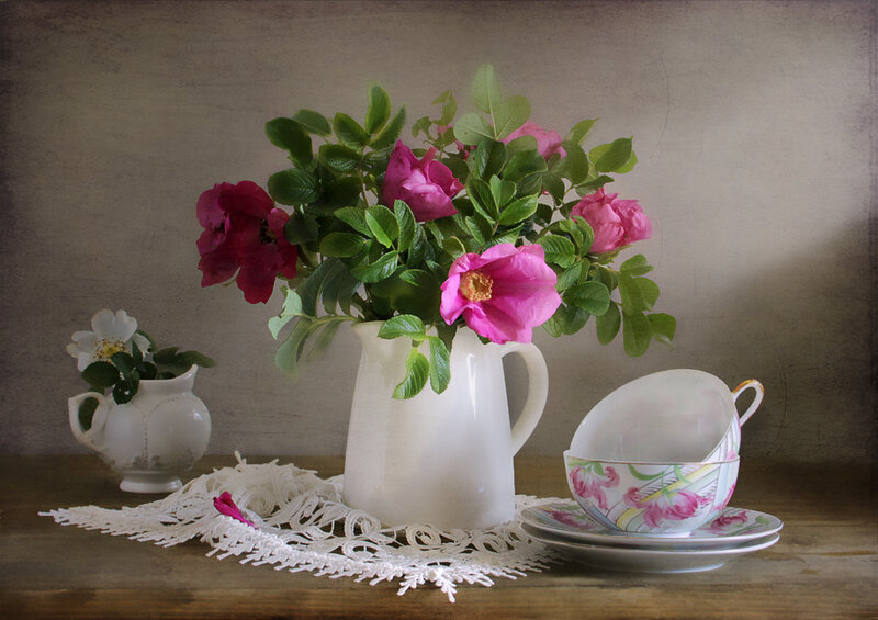 Roses in White Pitcher — Pink