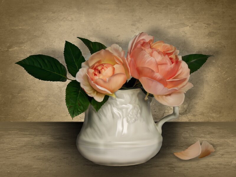 Roses in White Pitcher — Serene, Digital Art