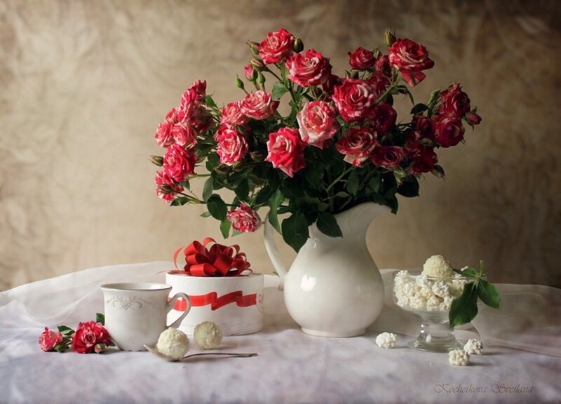 Roses in White Pitcher — Serene, Photograph