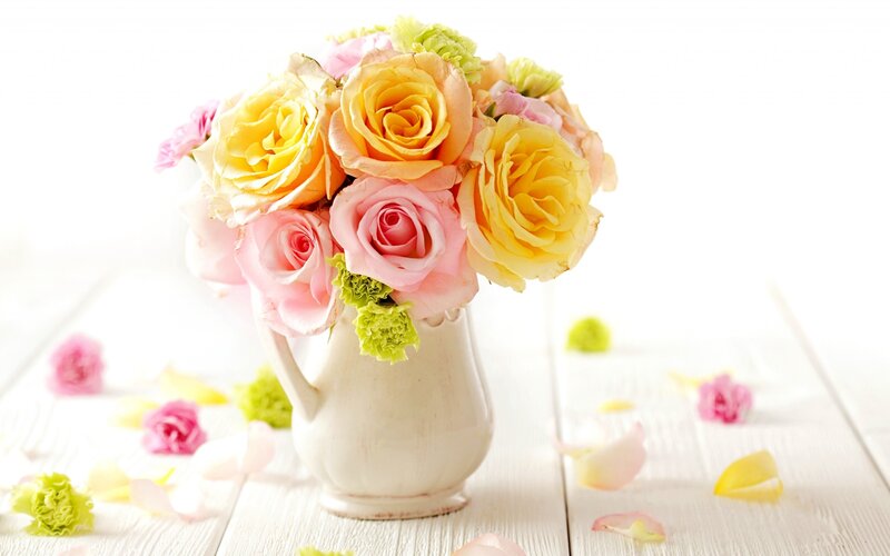 Roses in White Pitcher — Yellow