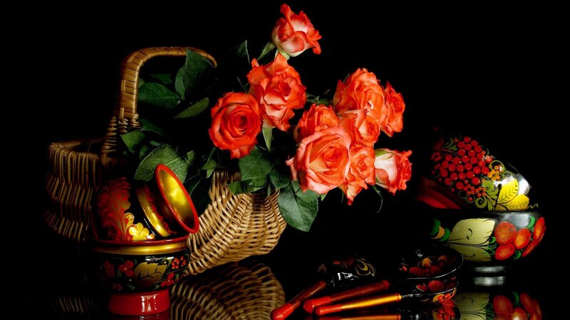 Roses in Wicker Basket — Black, Dramatic, Photograph