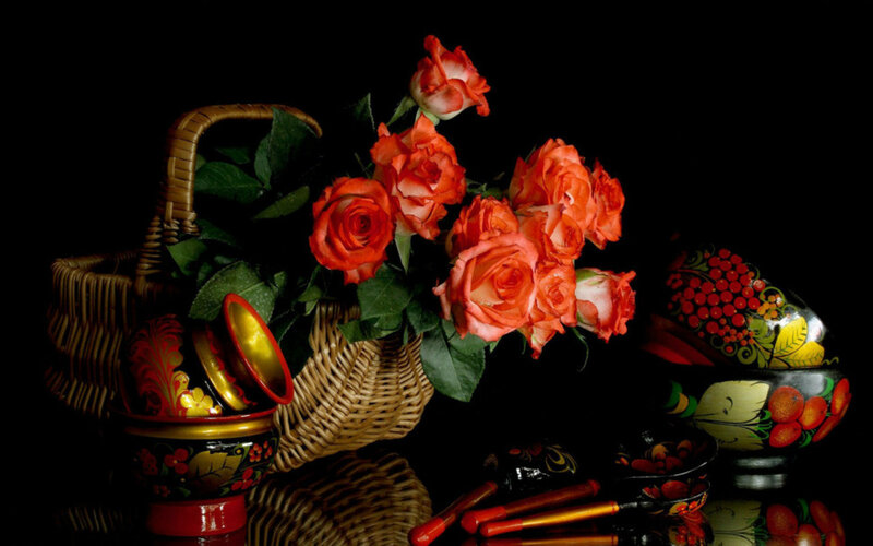 Roses in Wicker Basket — Black, Dramatic