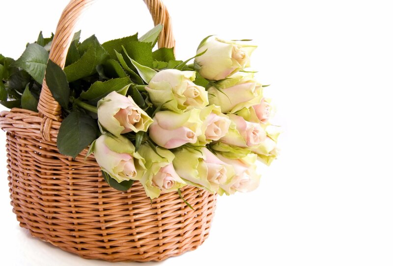 Roses in Wicker Basket — White