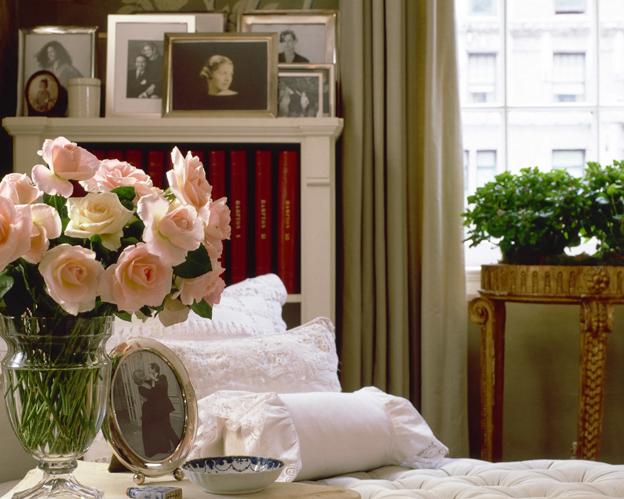 roses on a tufted bench