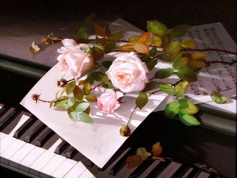 Roses on Piano — White