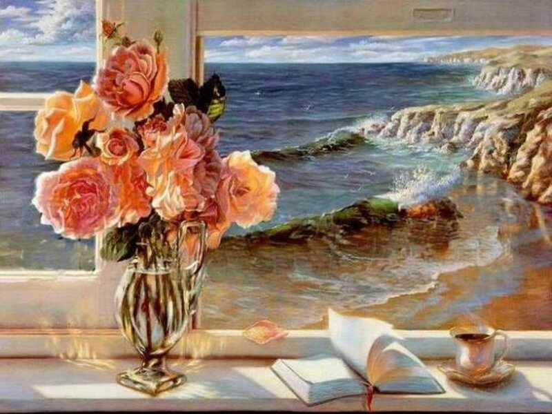 Roses on Windowsill — Pink, Serene