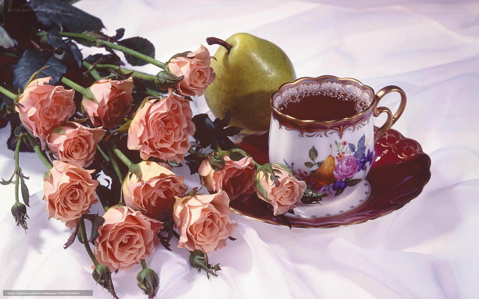 roses, pear, and tea cup