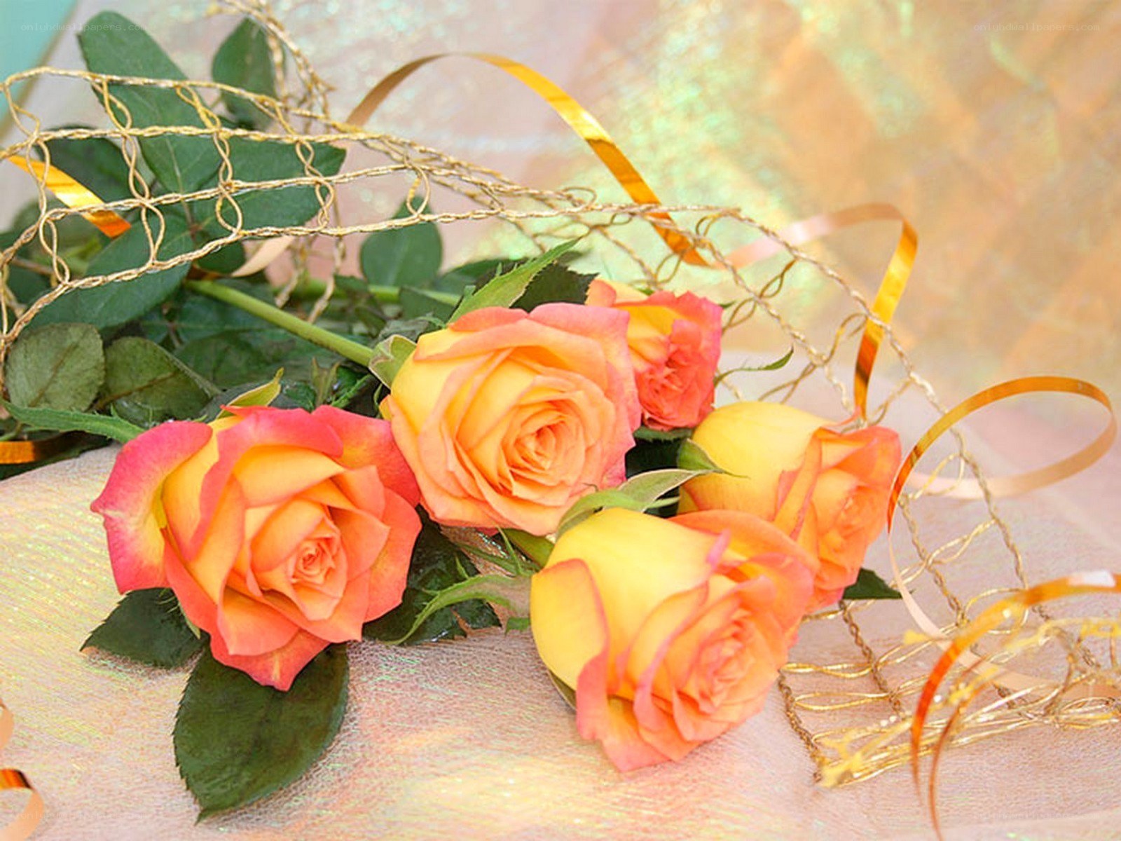 Roses with golden ribbons