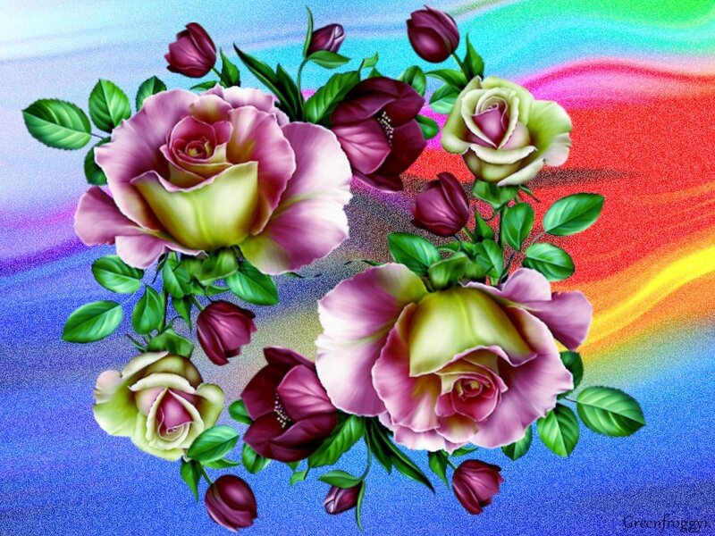 Roses with Green Leaves — Pink, Colorful
