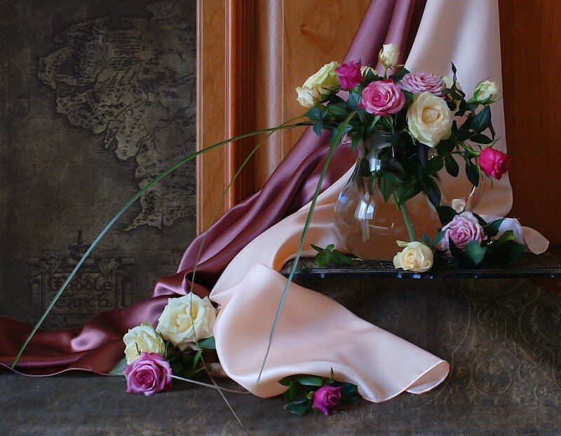 roses with silk fabric