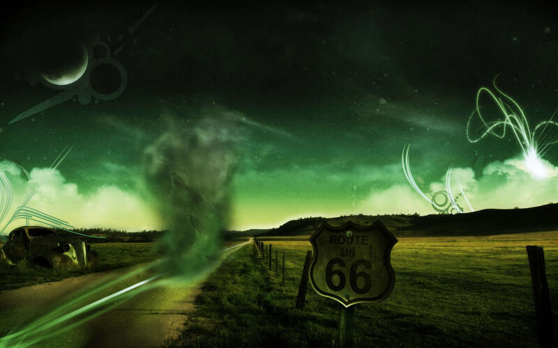 Route 66 at night with green sky