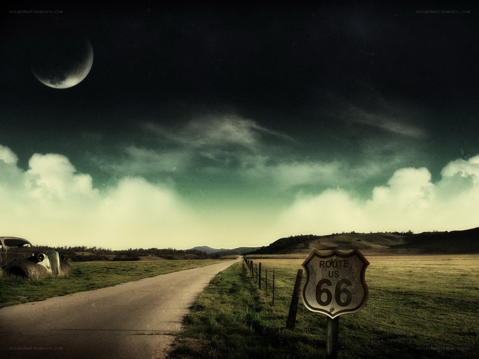 Route 66 at night with moon