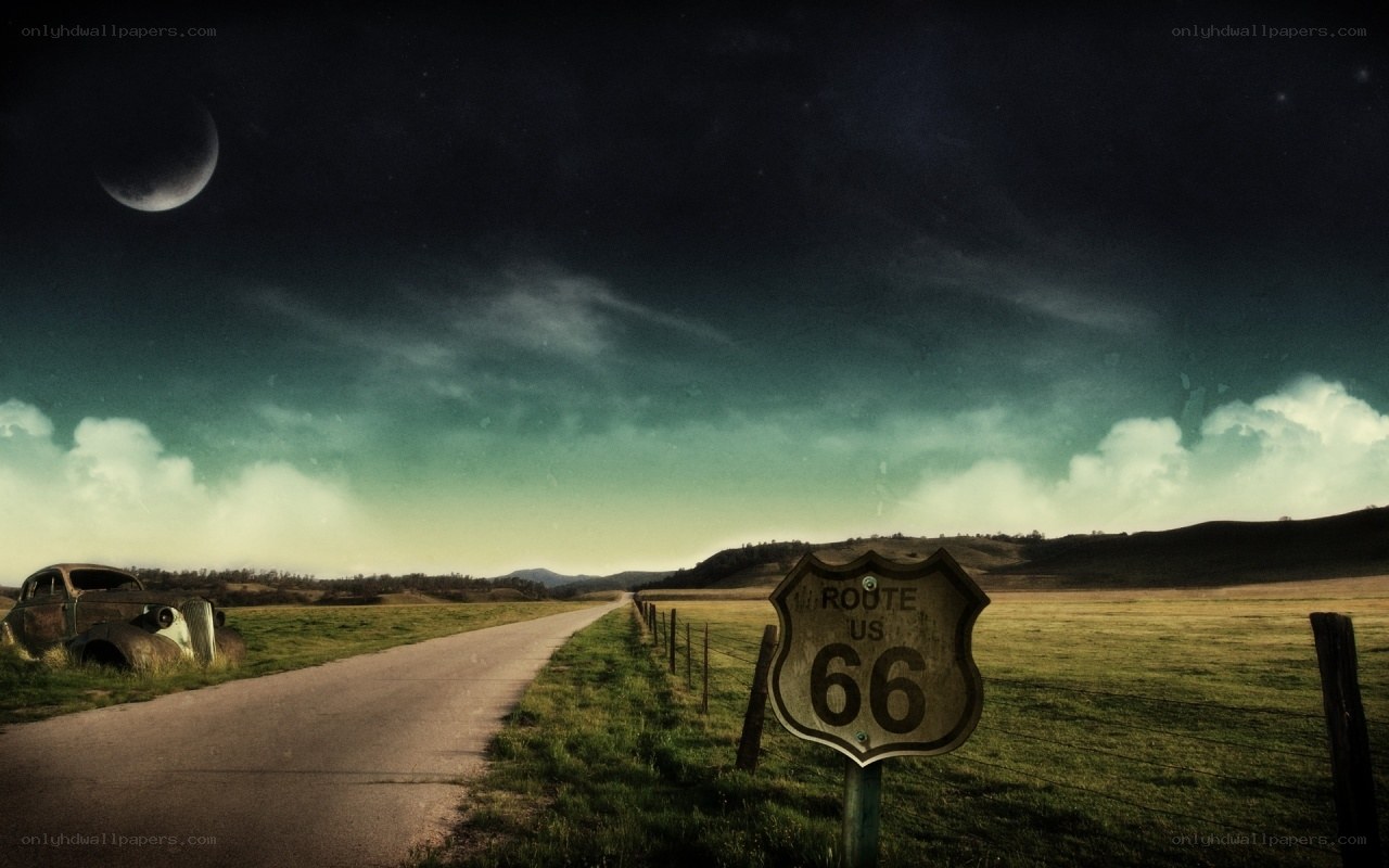 Route 66 at night with moon