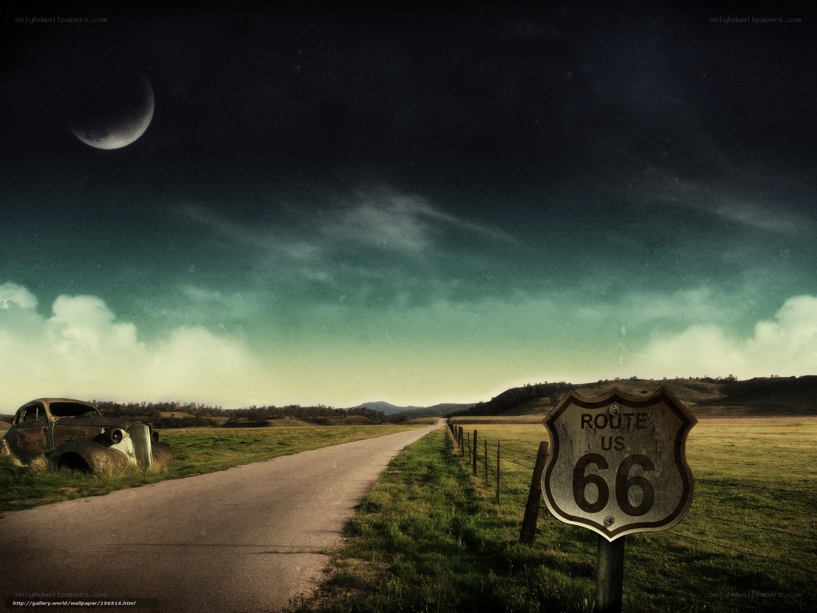 Route 66 at night with moon