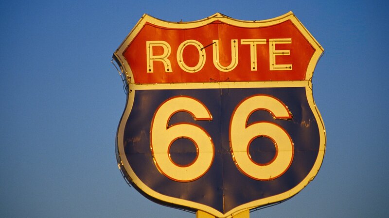 Route 66 sign at dusk