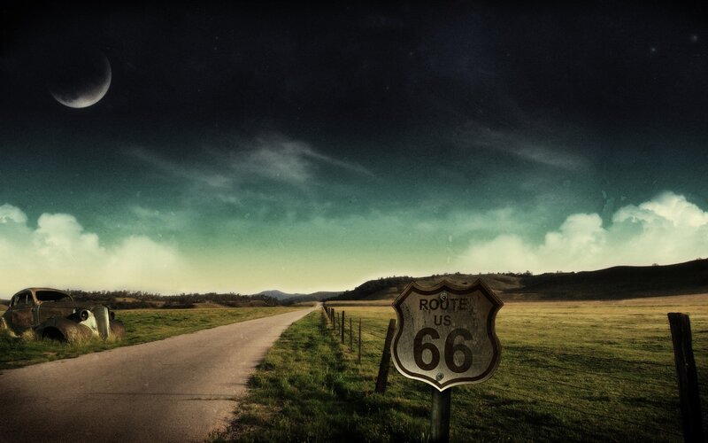 Route 66 Sign at Night — Green, Dramatic