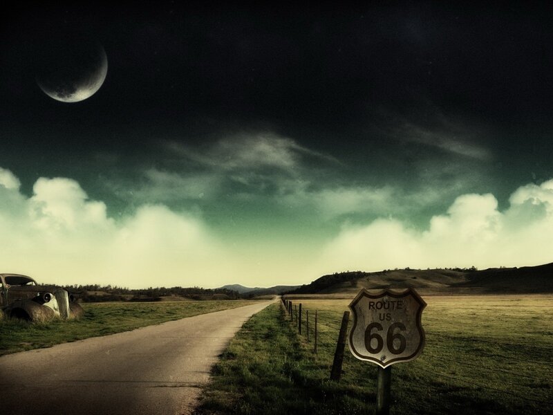 Route 66 Sign at Night — Green
