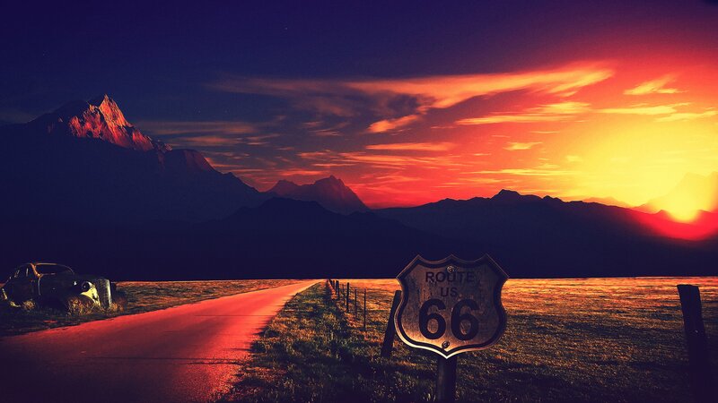 Route 66 Sign at Sunset — Red