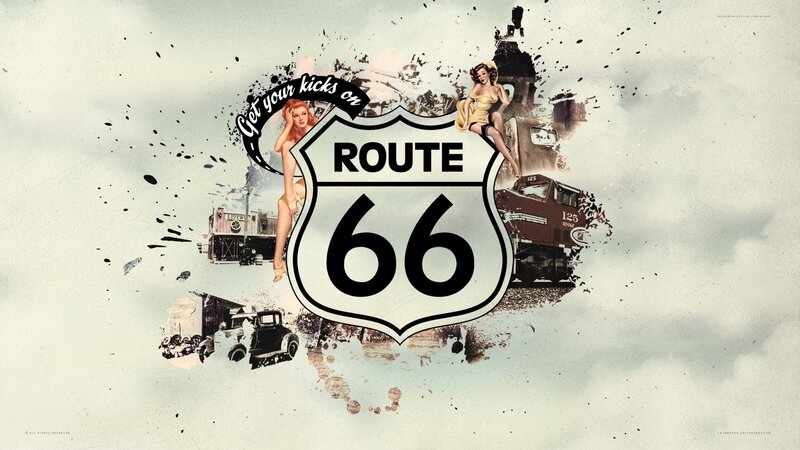 Route 66 Sign Collage — White, Nostalgic, Illustration, Pin-up Girls