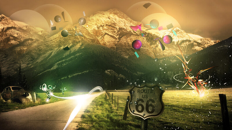 Route 66 Sign in Mountains — Green, Dramatic