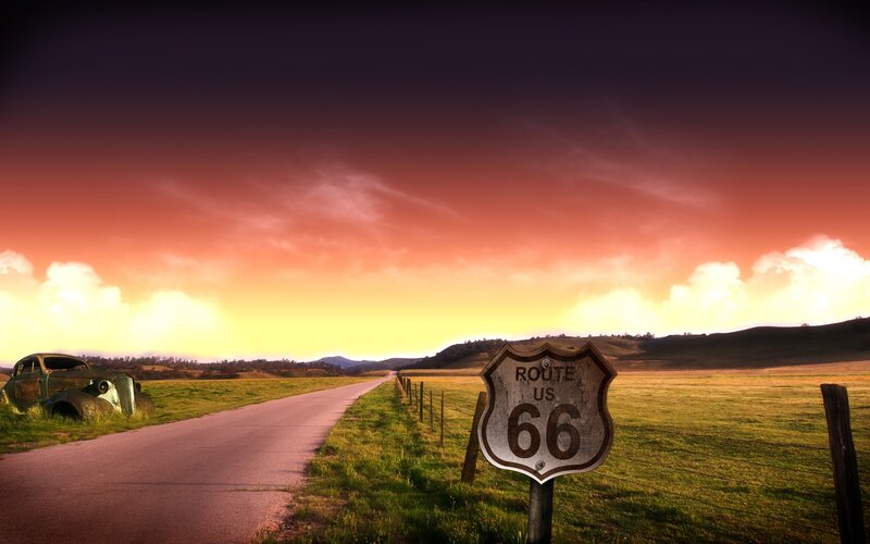 Route 66 Sign on Road — Orange, Dramatic