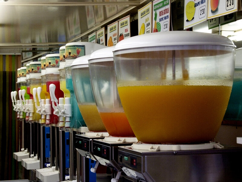 row of drink dispensers