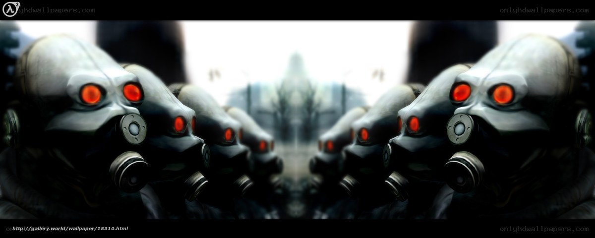 row of gas mask robots
