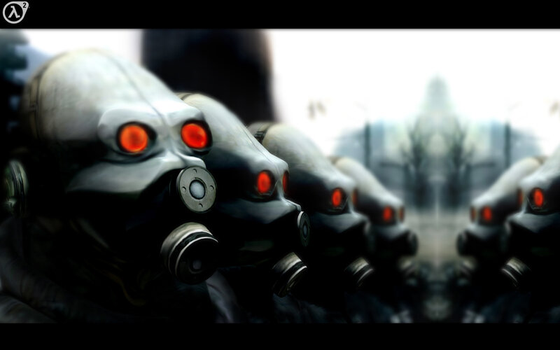 row of gas-masked figures