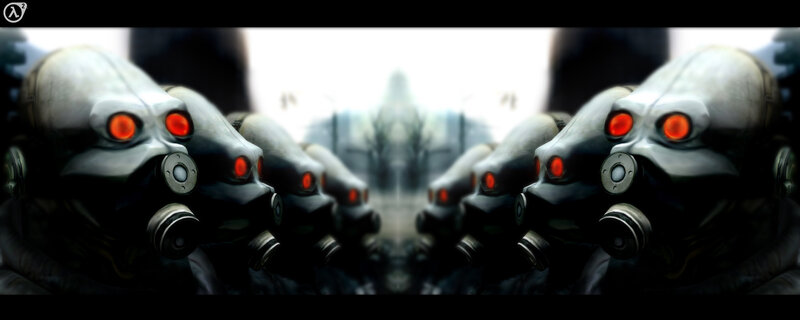 row of gas-masked figures