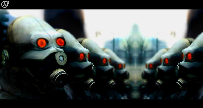 row of gas-masked figures