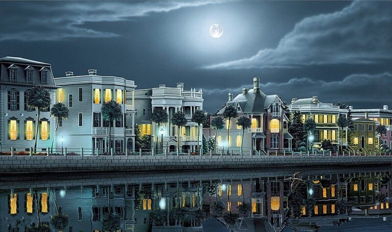 Row of Houses at Night