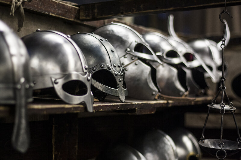 Row of Metal Helmets