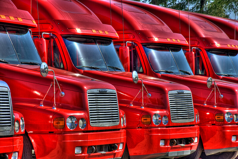 Row of red semi-trucks