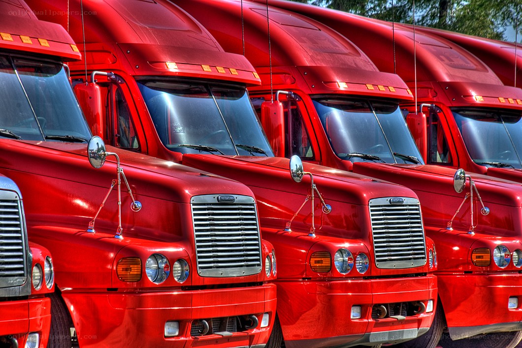 Row of red semi-trucks