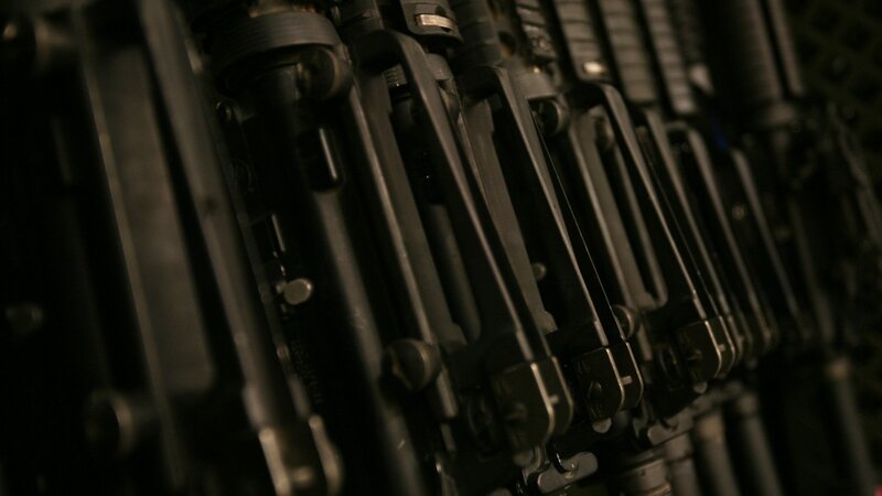row of rifles in a rack