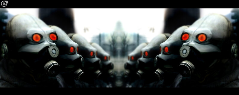 row of robotic heads with red eyes